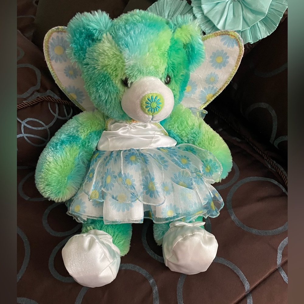 Dressed Angel Green and Blue Floral Teddy Bear w clothes and wings~Medium Bear